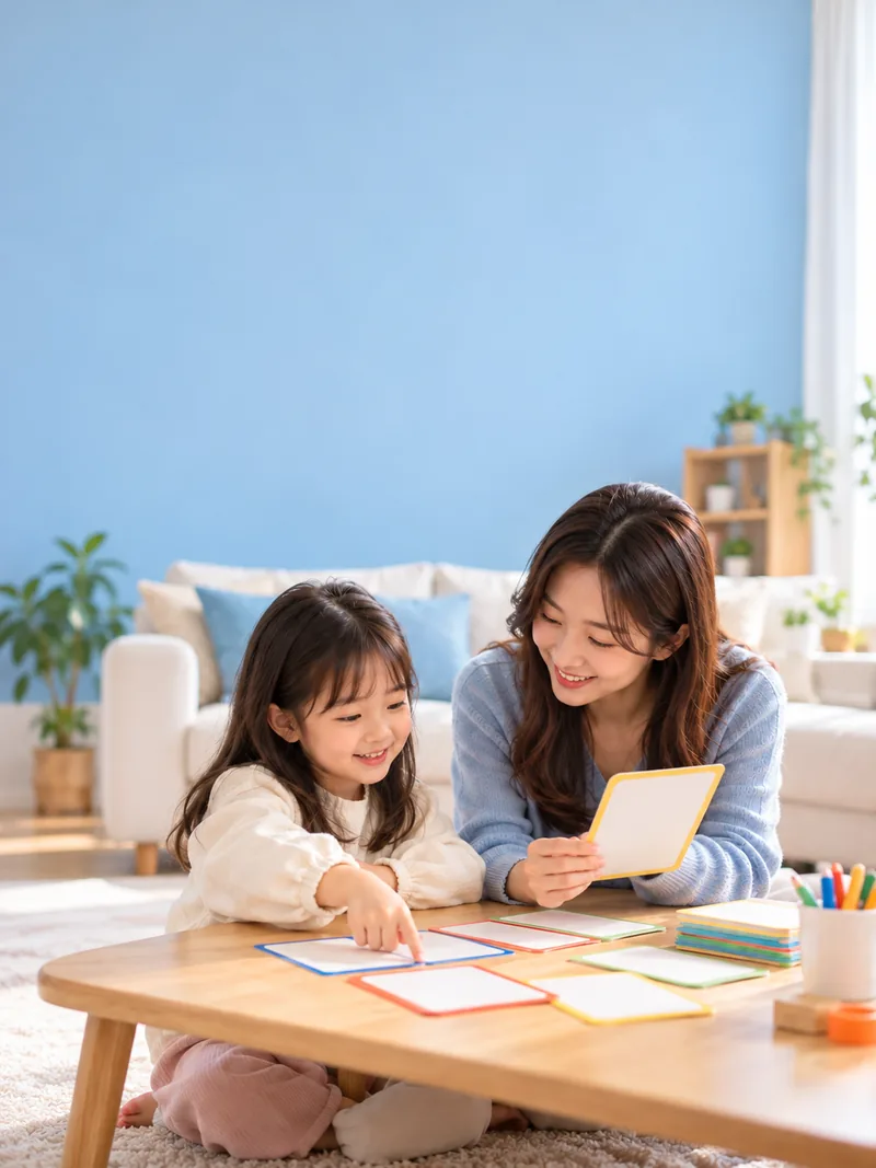 제물포구 유아한글 방문수업 모습 — 선생님과 아이가 그림카드로 글자를 짚으며 읽는 장면
