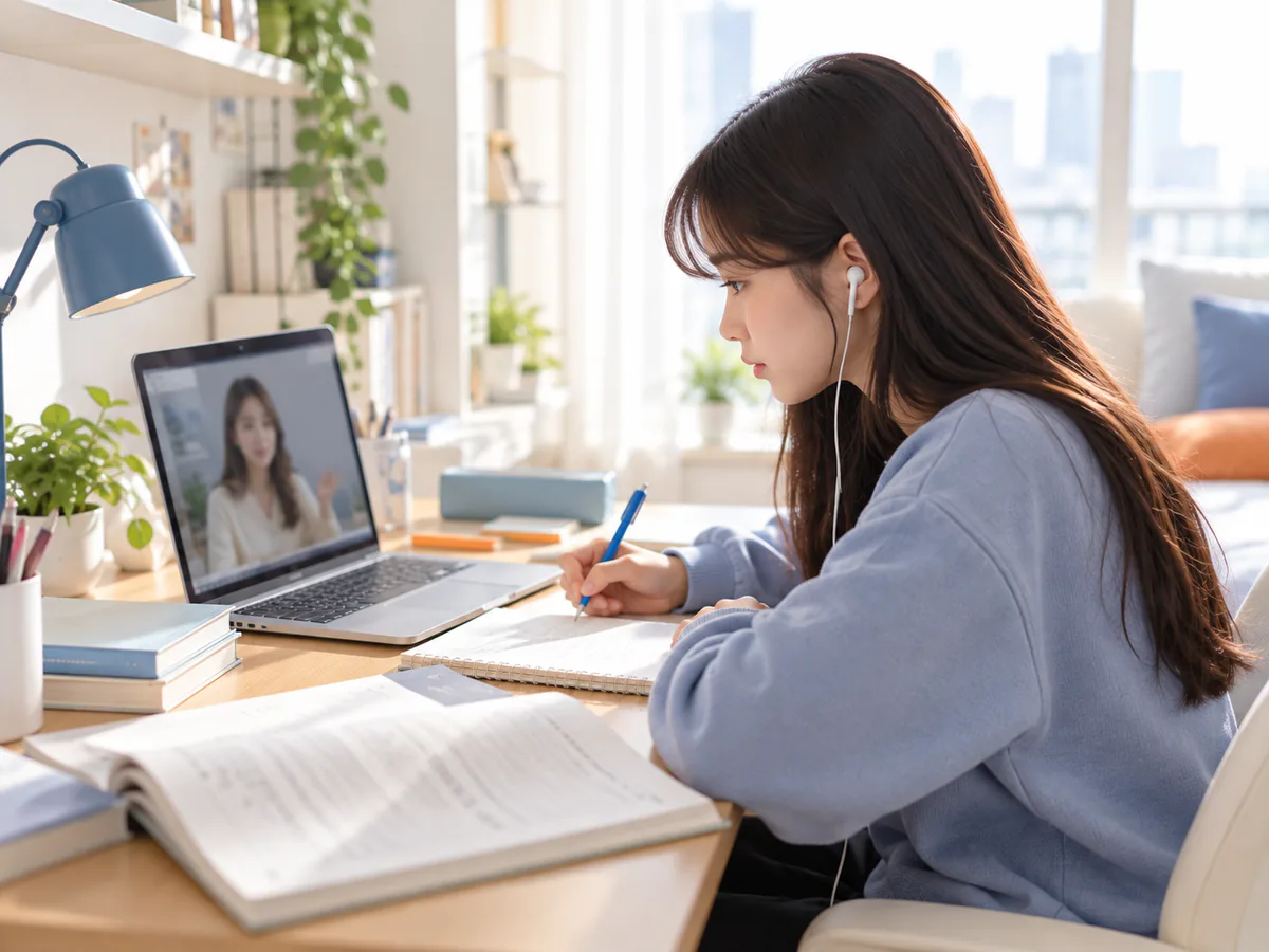 남산동 수학과외 화상 수업 모습 — 학생이 노트북 화면 속 선생님과 1:1로 수업하며 필기하는 장면