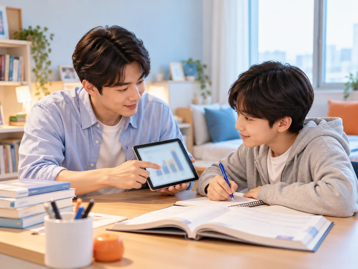 안동중앙고 학교별 내신 분석을 함께 보는 모습 — 선생님이 학생에게 태블릿 속 성취도 분포 그래프를 짚어 설명하는 장면