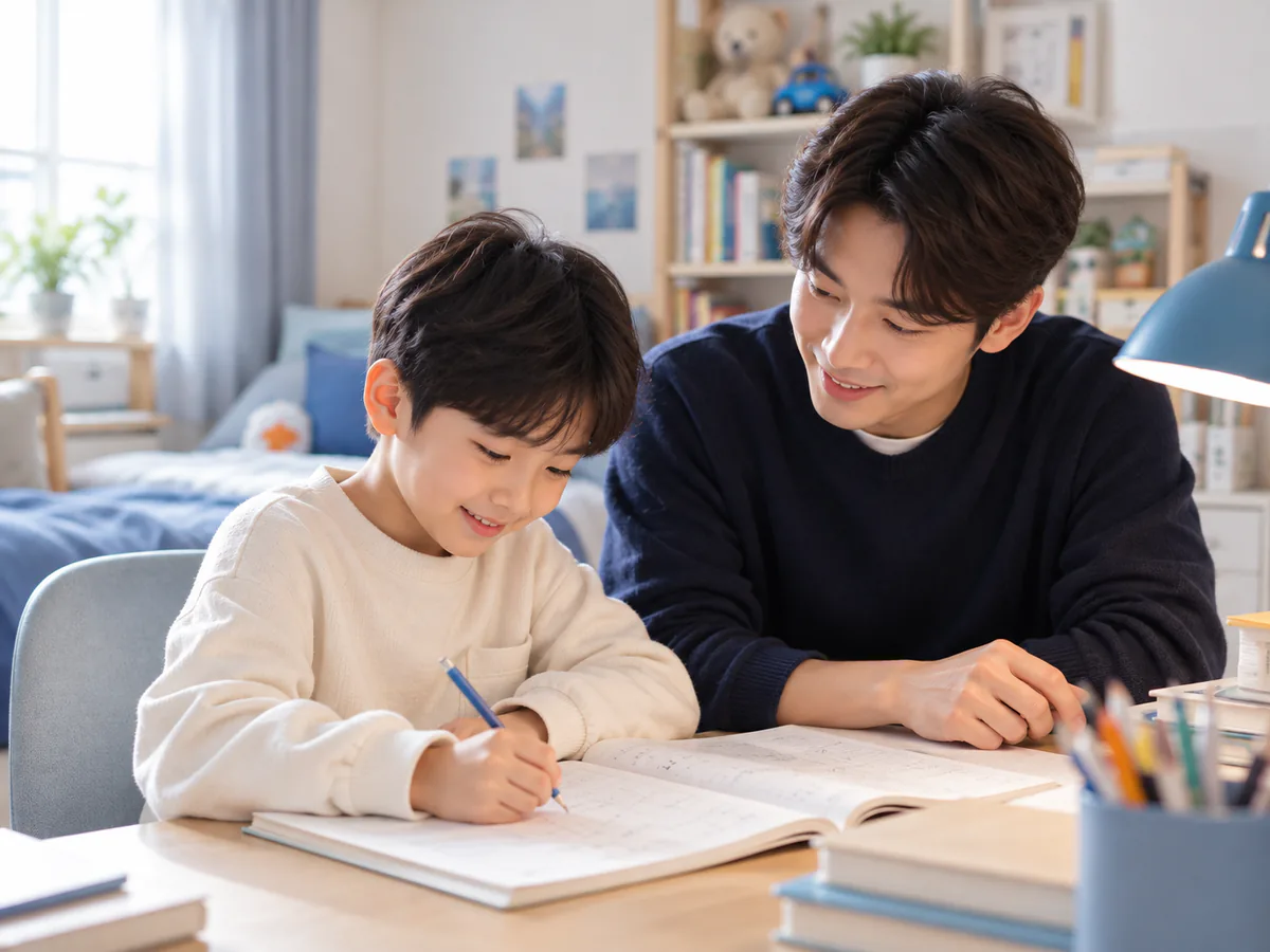서대신3동 수학과외 방문 수업 모습 — 선생님이 집 책상에서 학생 옆에 앉아 공책 풀이를 봐 주는 장면